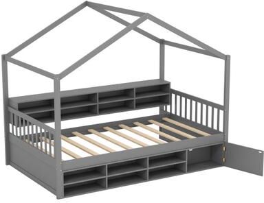 Costway Twin Size House Bed with Roof with 14 Storage Cubes and Enclosed Cabinet-Gray