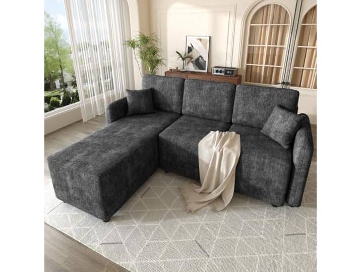 L-Form Ecksofa 3-Sitzer mit langer Liegefläche (144cm), hochwertiger Chenille-Bezug, hoher Sitzkomfort durch Hochdichteschaum, bis 150 kg Tragkraft inklusive 2 Kissen für Wohnung & Studentenwohnheim