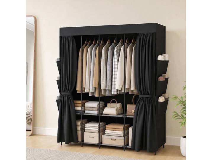 HOMCOM Armoire Tissu 3 Tringles 3 Étagères Noir Gain de Place