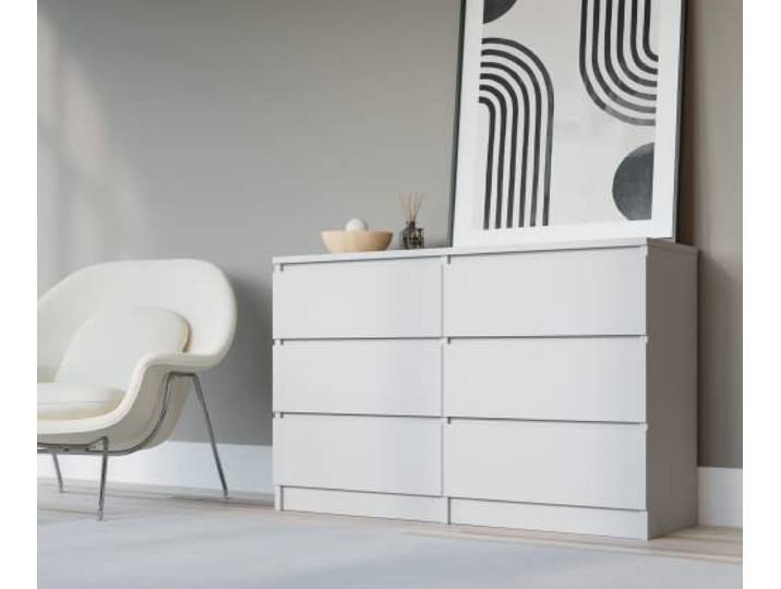 3xE Living Kommode 140 cm, 6 Schubladen, Weiß, 140 x 39 x 78 cm