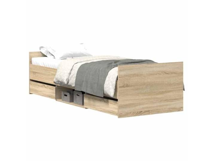 PUGYNBK Bettgestell 90 x 200 cm mit Schubladen, Sonoma-Eiche Robustes Konstruktionsholz, 4 Schubladen und Regale, Sperrholzleisten, Rückenstütze