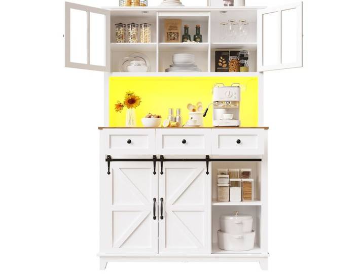 SENVIRO Buffet de cuisine haut 105 x 38 4 x 180 cm avec vitrine 3 tiroirs étagères réglables éclairage LED blanc