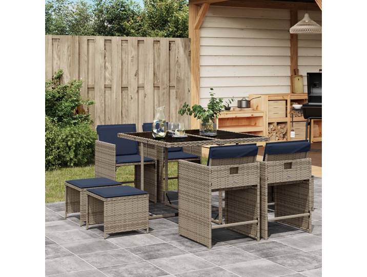 vidaXL 9-teiliges Garten-Ess-Set mit Kissen, grau, Polyrattan