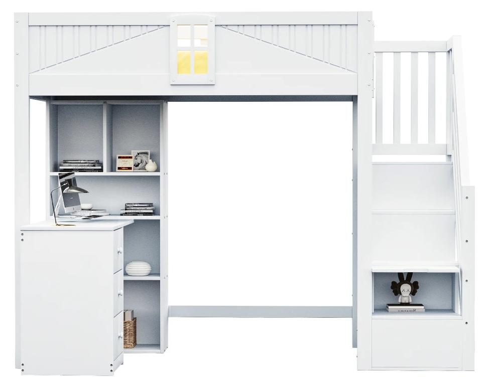 Massivholz-Hochbett - Kinderbett - 90 x 200 cm - Stauraum - Sicherheitstür mit Fenster - Sichere Leiter - Stil A - Weiß