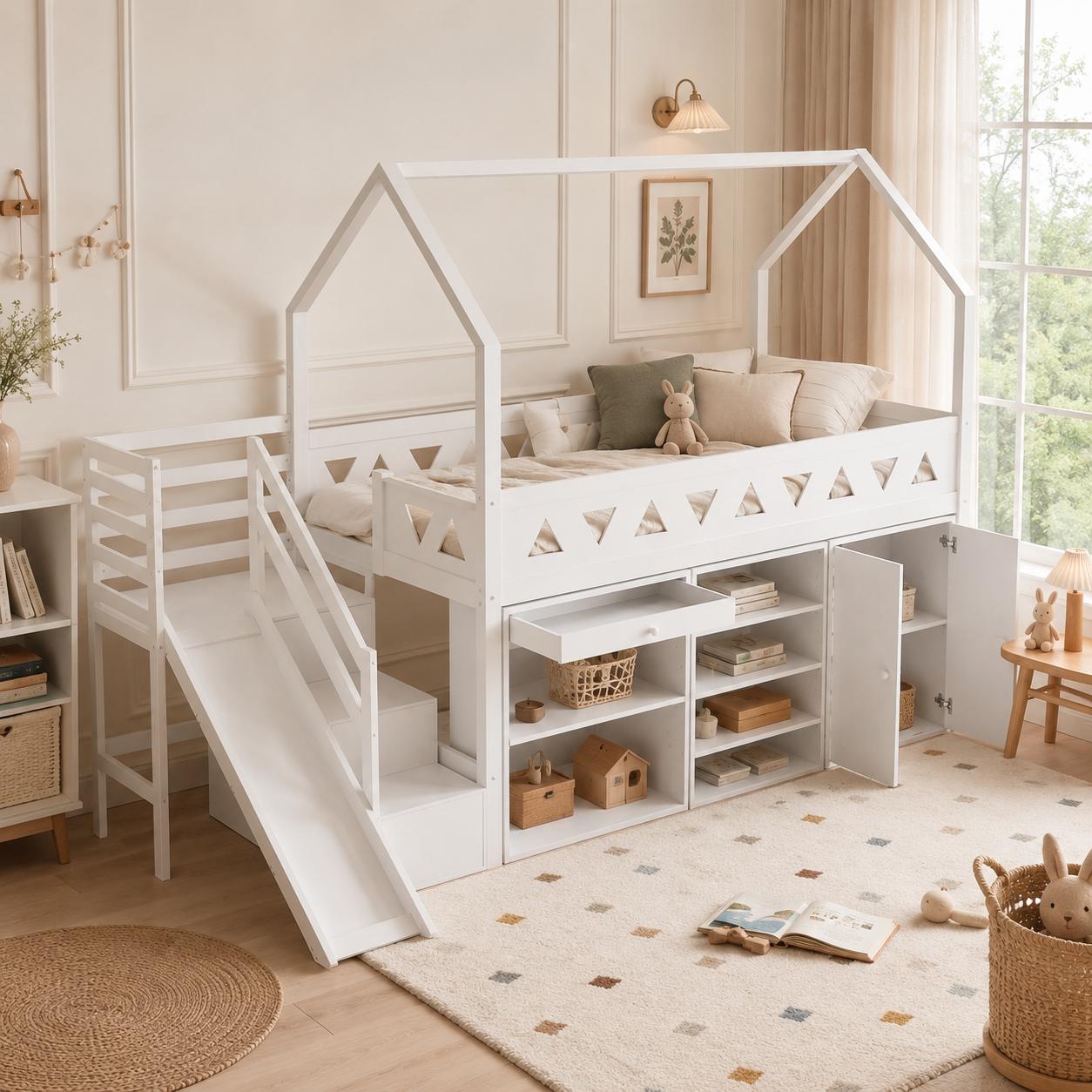 Kinderbett 90x200 cm, Spielbett mit Rutsche, Treppe, Schubladen, Schließfach und Rausfallschutz, Weiß, Massivholz