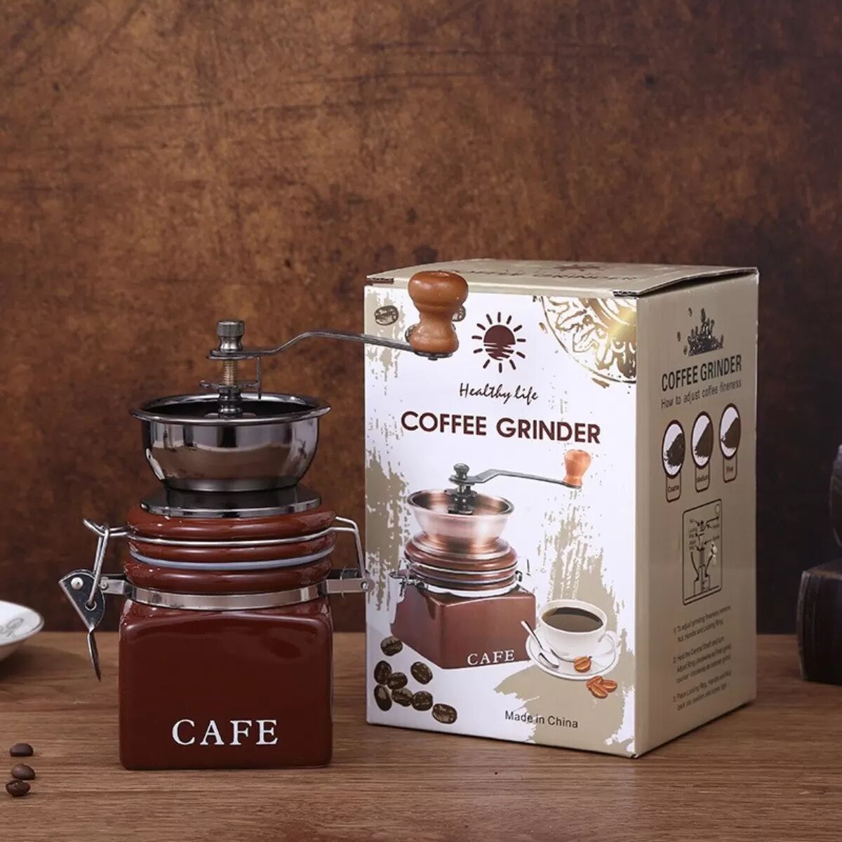 INF Manuelle Kaffeemühle mit quadratischem braunem Keramikgefäß - Handkurbel Vintage Kaffeemühle für Zuhause