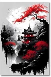 Inspired Finds 3PCS Vintage Japanese Landscape Canvas Wall Art Set For Modern Japandi Home Decor pagoda With Cascading Red Foli 19.69x29.53in