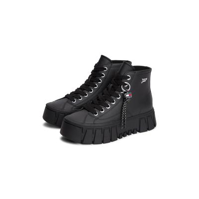 Plateausneaker TOMMY JEANS "TJW PLATFORM SNEAKER LEATHER MC", Damen, Gr. 38, Textil, schwarz, Leder, Schuhe Plateausneaker, Schnürboots mit trendigem Charm