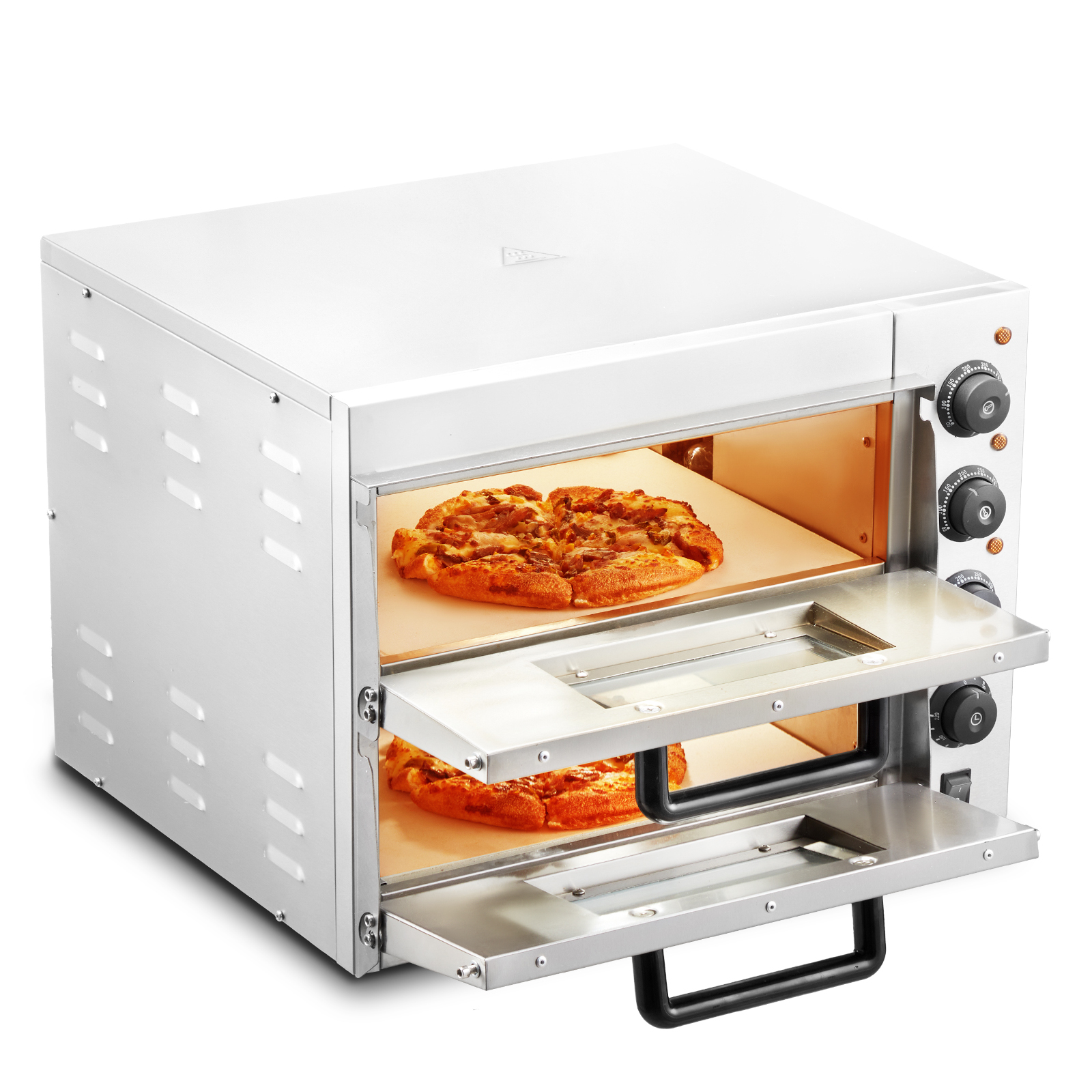 VEVOR Kommerzieller Pizzaofen Backofen 2-lagig 406 mm, elektrischer Pizzaofen aus Edelstahl mit vier Drehknöpfen, Mehrzweck-Pizzamaker Indoor, zum Backen im Restaurant, zu Hause, Silber
