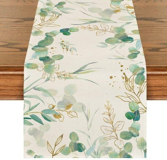 Artoid Mode Tafelkleed met Bloemenpatroon, Groen en Wit, Polyester, B/D: 100 x 40 cm