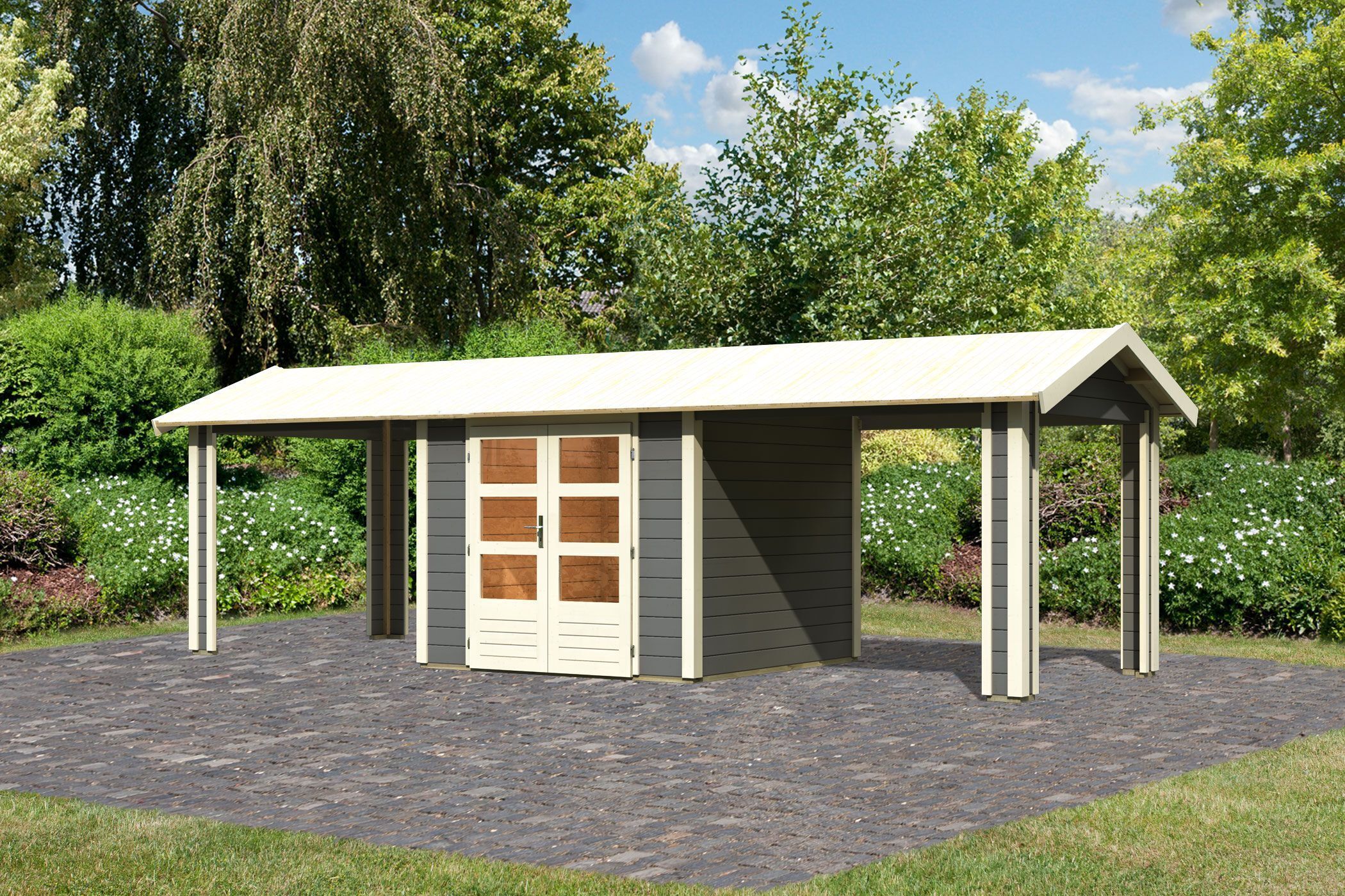Karibu Gartenhaus Gerätehaus Theres 3 im Set mit 2 Dachausbauelement terragrau 720x244x242 cm