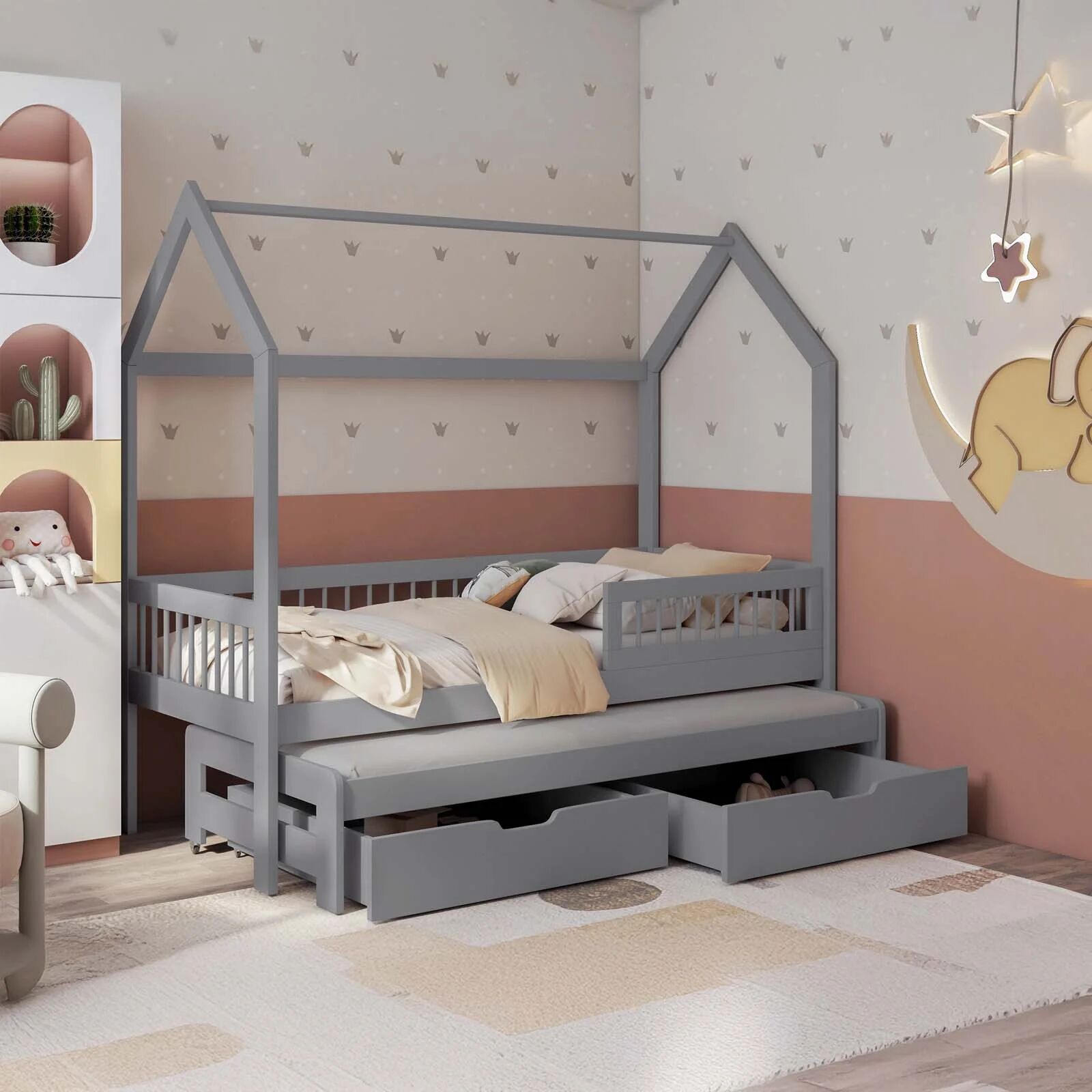 garneroarredamenti Letto bambini Montessori a casetta 90x200cm con letto estraibile e cassettoni grigio Homy