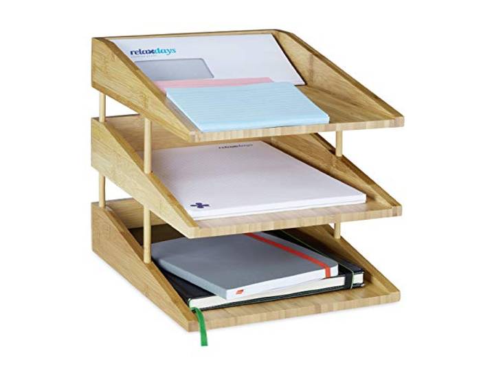 Relaxdays Porte-documents en bambou 3 compartiments empilables Format A4 pour bureau et bureau