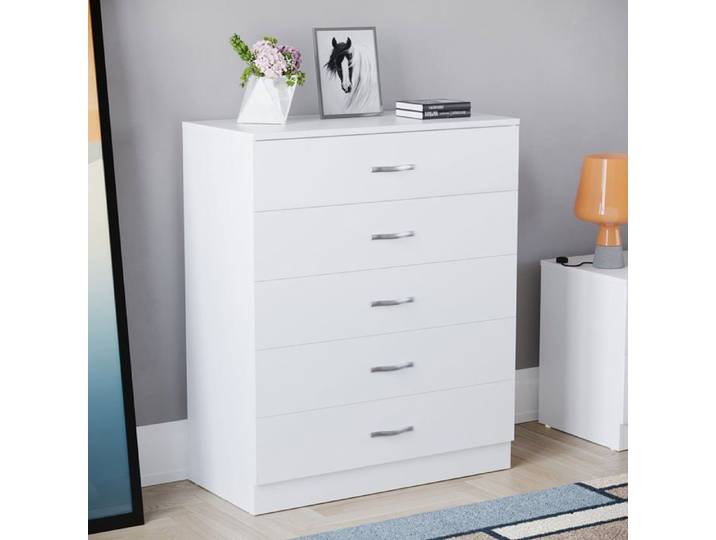 Commode blanche Riano avec 5 tiroirs poignées et glissières en métal – Meuble de chambre à coucher