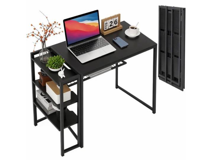 Bureau ordinateur pliable 94 cm étagère rangement cadre fer préassemblé maison chambre noir