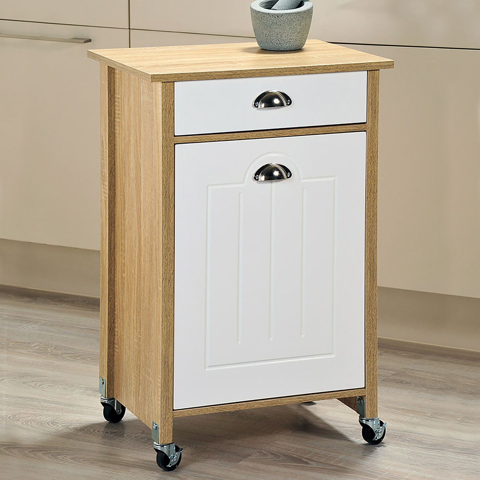 home24 Keukentrolley Kesper met afvalbak, bruin/eikenhouten look en wit, B/D/H: 50 x 79 x 37 cm