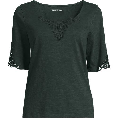 Flammgarn-Shirt mit Lochspitze für Damen, Damen, size: regular, Grün, Baumwolle, by Lands' End