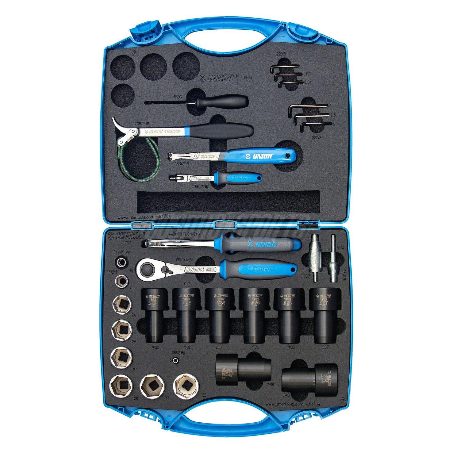 Unior Set für Reparaturen der Federung 32-teilig,1704, schwarz/blau/Silber (625953)