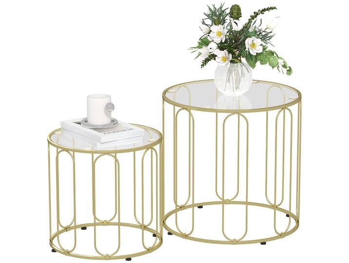 Tables gigognes Homcom 2 pièces avec structure en métal et plateau en verre doré