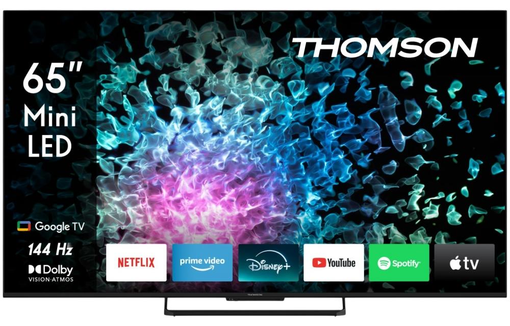 Thomson Q70 Series Smart MiniLED TV 65; Google TV; 3840 x 2160 (4K UHD), 1500000:1, LED, 144 Hz, DVB-T/T2/C/S/S2, HDR10, Wi-Fi, Bluetooth, LAN, HDMI 4 (2.1), USB 2 (2.0) + 1 (3.0), Central Stand, Black, 165,1 cm (65"), 3840 x 2160 Pixel, QD-Mini LED, Smart-TV, WLAN, Schwarz