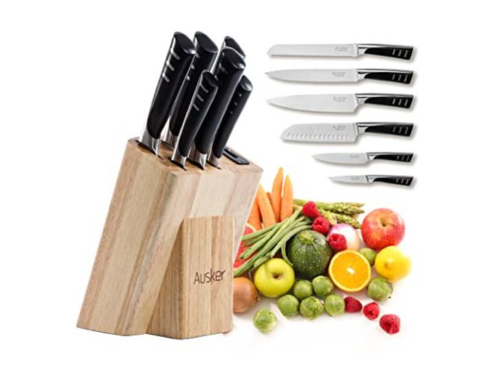 Ausker - Edelstahl-Messerset mit selbstschärfendem Messerblock - Schälmesser, Santokumesser, Vielzweckmesser, Tranchiermesser und Brotmesser, Profi-Klingen - Set mit 6