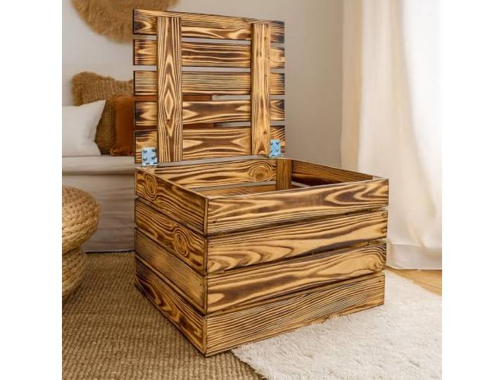Kistenkolli Altes Land Caisse à fruits en bois flammé ou naturel avec couvercle - 48 x 36 x 30 cm - Coffre au trésor - Boîte de rangement (flammé\, 1)