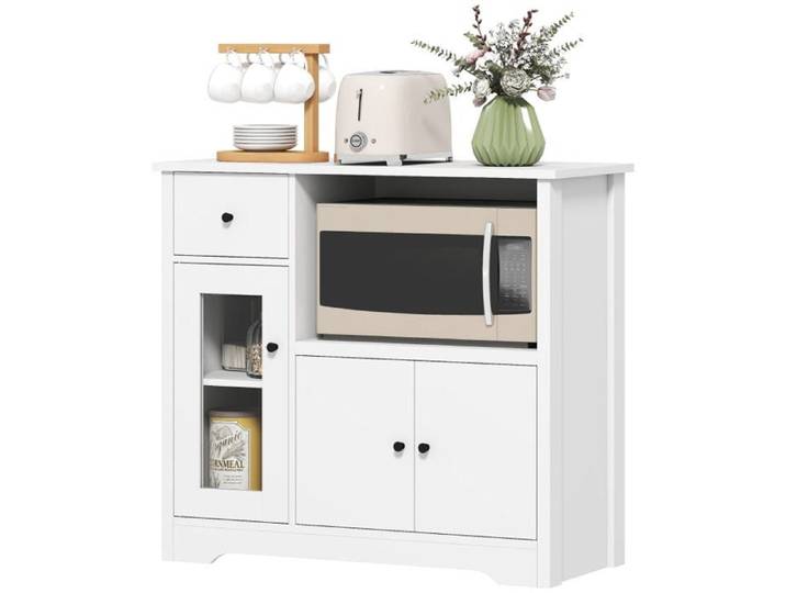 Buffet d'armoire de cuisine Logidon avec étagère pour micro-ondes en bois blanc