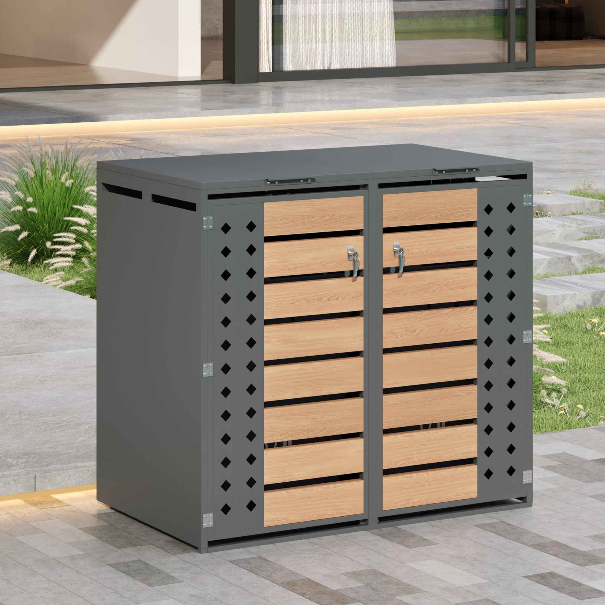 Merax Mülltonnenbox mit Klappdeckel, diamantförmige Seitenausschnitte, horizontale Holzmaserung, abschließbar, 2 Fächer für Garten & Hof