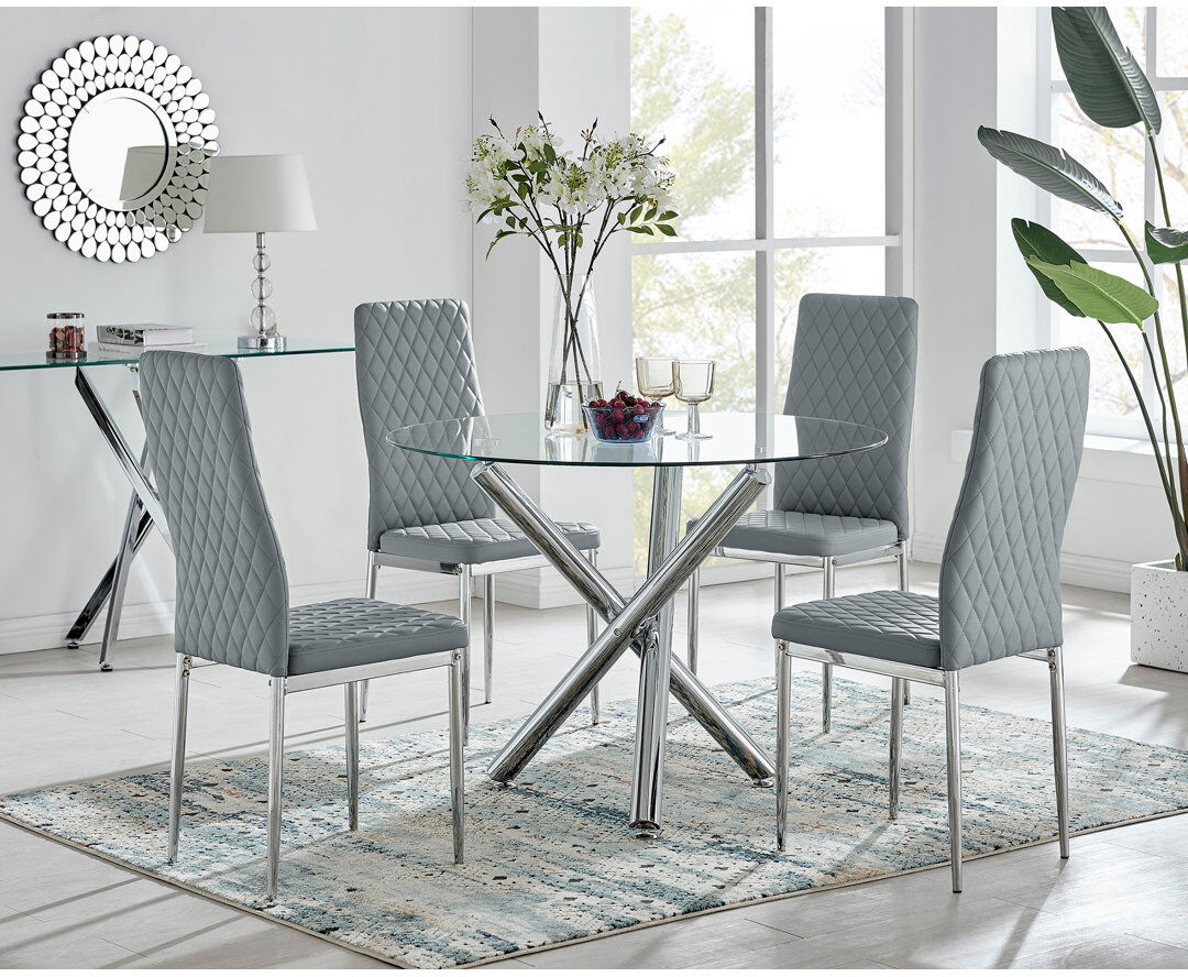Canora Grey Eubanks Modern Round Dining Table Set in Glass and Chrome with 4 Luxury Faux Leather Chairs Grey 4