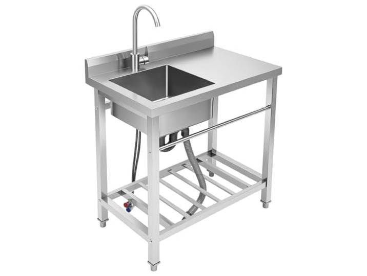 Freistehend Edelstahl Waschbecken für Küche Wäsche, 80x55x84cm Einzelbecken Gewerbliche Spültisch Multifunktionswaschtisch Handelsrestaurant Küchenspüle mit Wasserhahn&Nterschrank, 100kg Tragfähigkeit