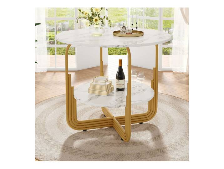 Odikalo Esstisch Couchtisch Küchentisch Marmor-Esstisch Stauraum Metallbeine Weiß+Gold