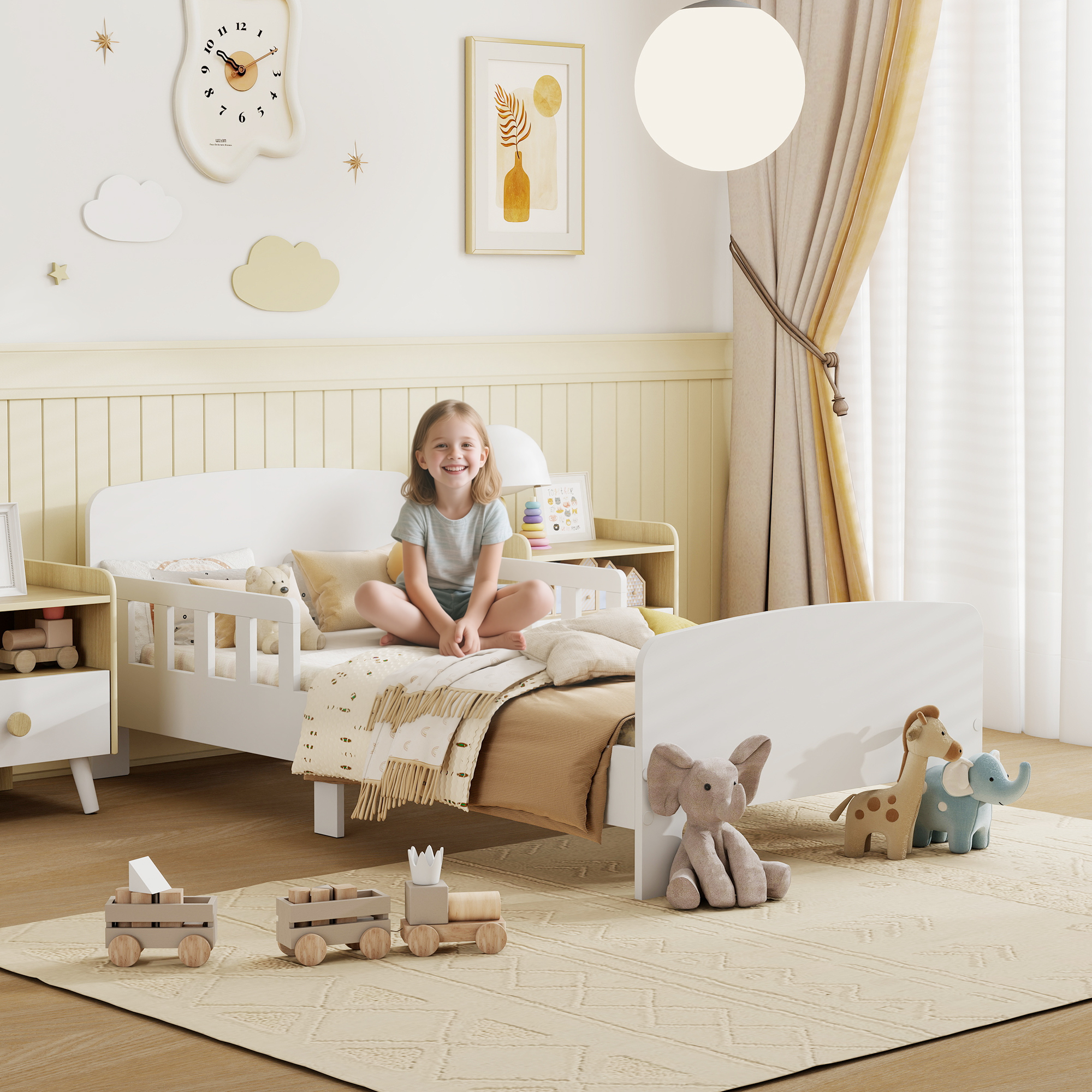 Aiyaplay Letto per bambini con sponda anticaduta e rete a doghe, 3-8 anni, 70x140 cm, Bianco   Aosom Italy