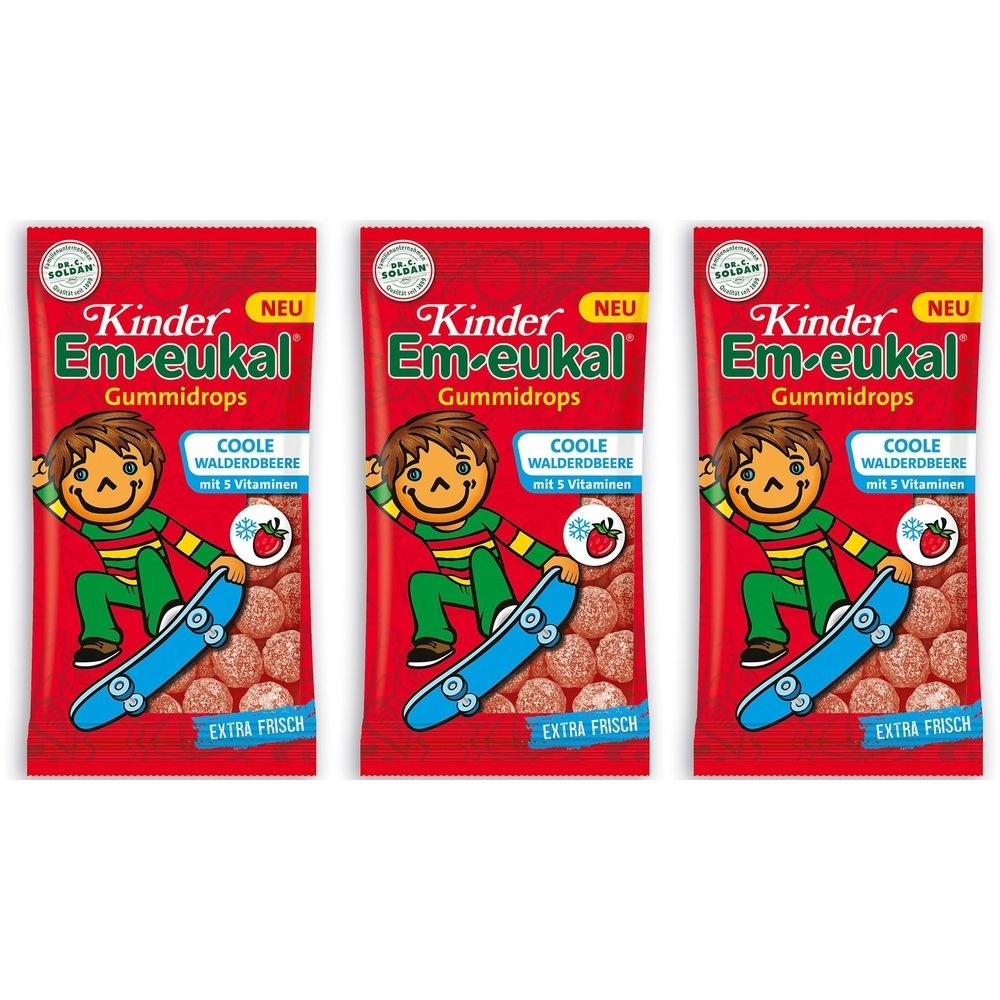 3x Em-Eukal Kinder Gummidrops coole Walderdbeere 3x75 g Bonbons