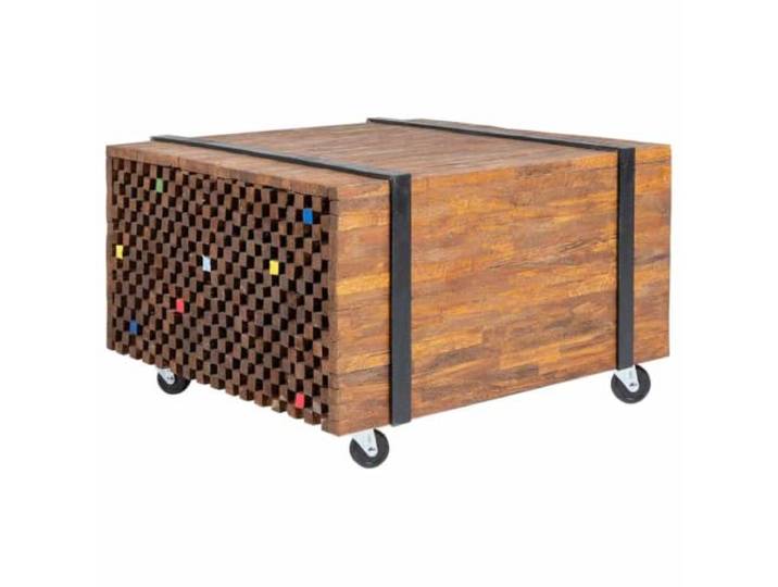 KLGBNCVE Beistelltisch Teak 60x60x38 cm mit Rollen, Industrielles Design Teakholz, schwarze Riemen, vier Rollen, pflegeleichte Politur, als Couchtisch nutzbar