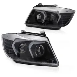 Scheinwerfer 3D Angel Eyes passend für BMW 3er E90 E91 Bj. 05-08 Schwarz mit LED Blinker