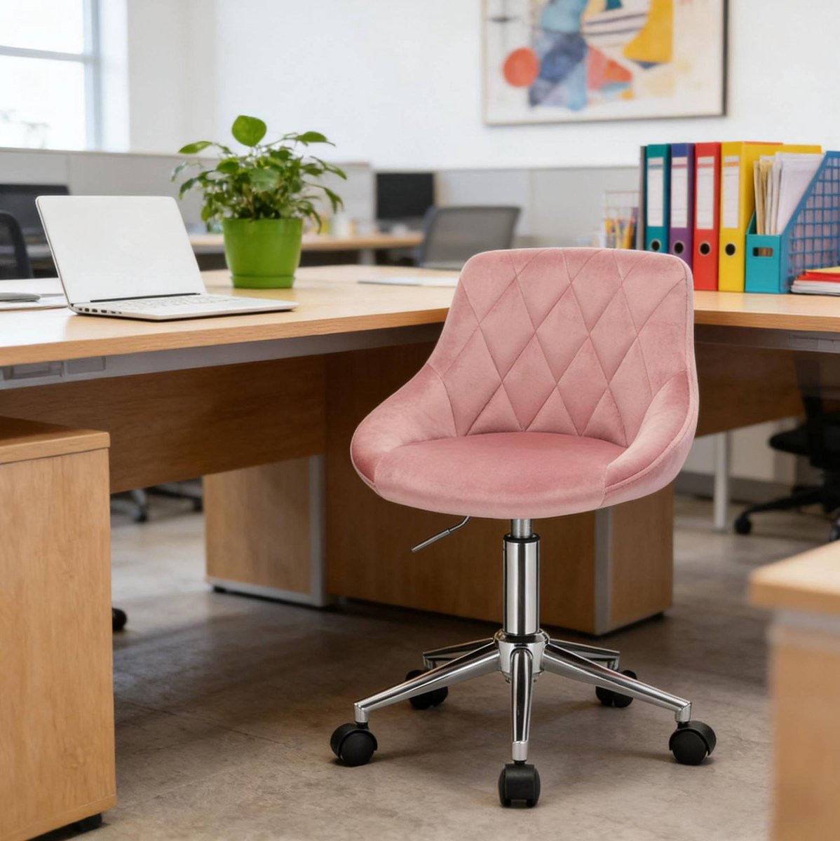Wishdor Bureaustoel - Roze velvet - Verstelbare zithoogte - Draaibaar met wielen - Zonder armleuningen - Metaal - Zitvlak: 31,5 x 37,5 cm