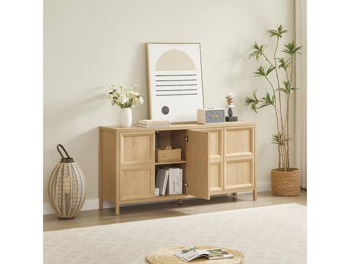 MODFU Sideboard mit Eichenholz-Optik,Beistellschrank,Küchenschrank mit Zwei Fächer und Rasterfront,160x40x80 cm