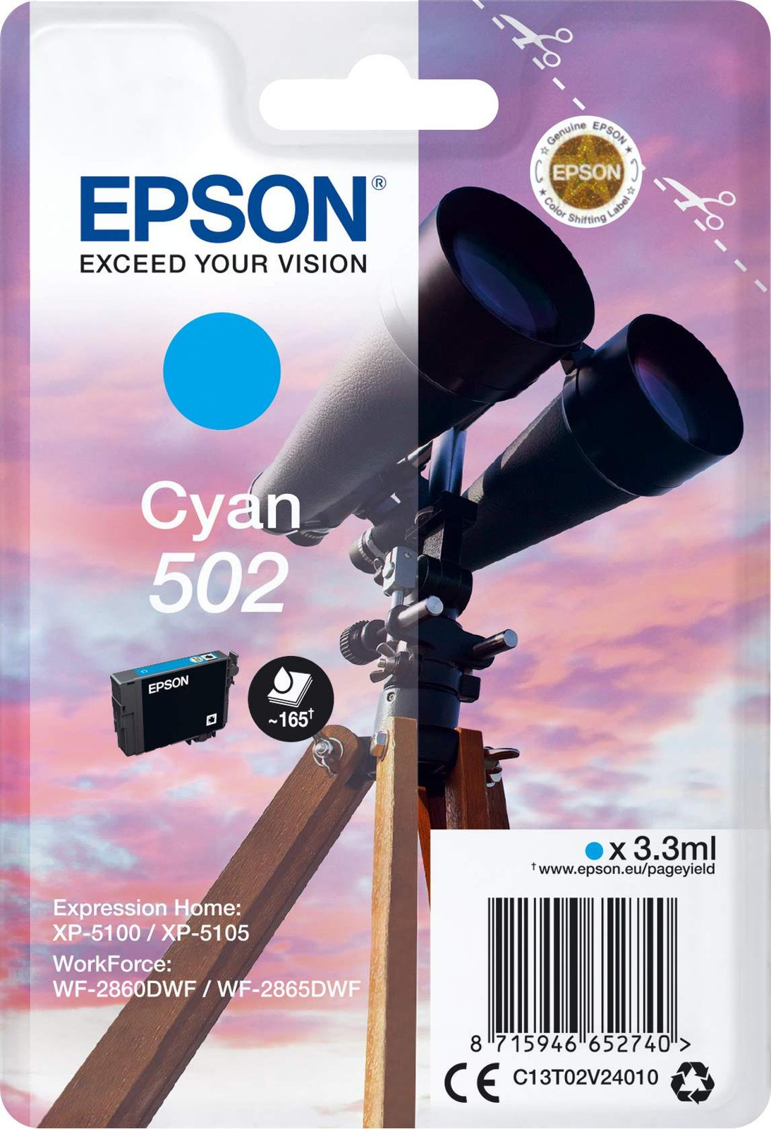 Epson Singlepack Cyan inktcartridge 502, standaard opbrengst, 3,3 ml