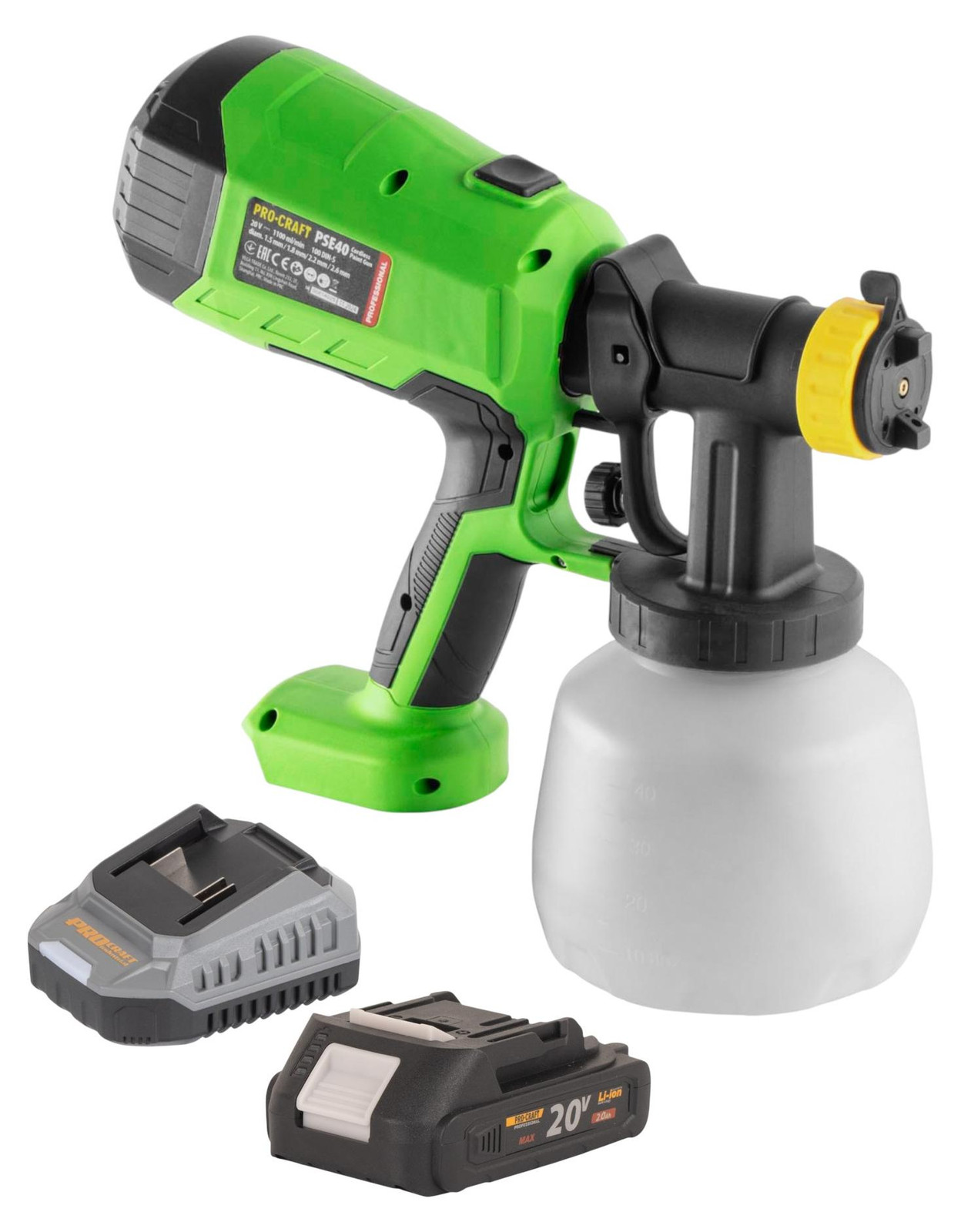 Procraft PSE40bb accu-verfspuitpistool 20 V met 2,0 Ah accu en oplader