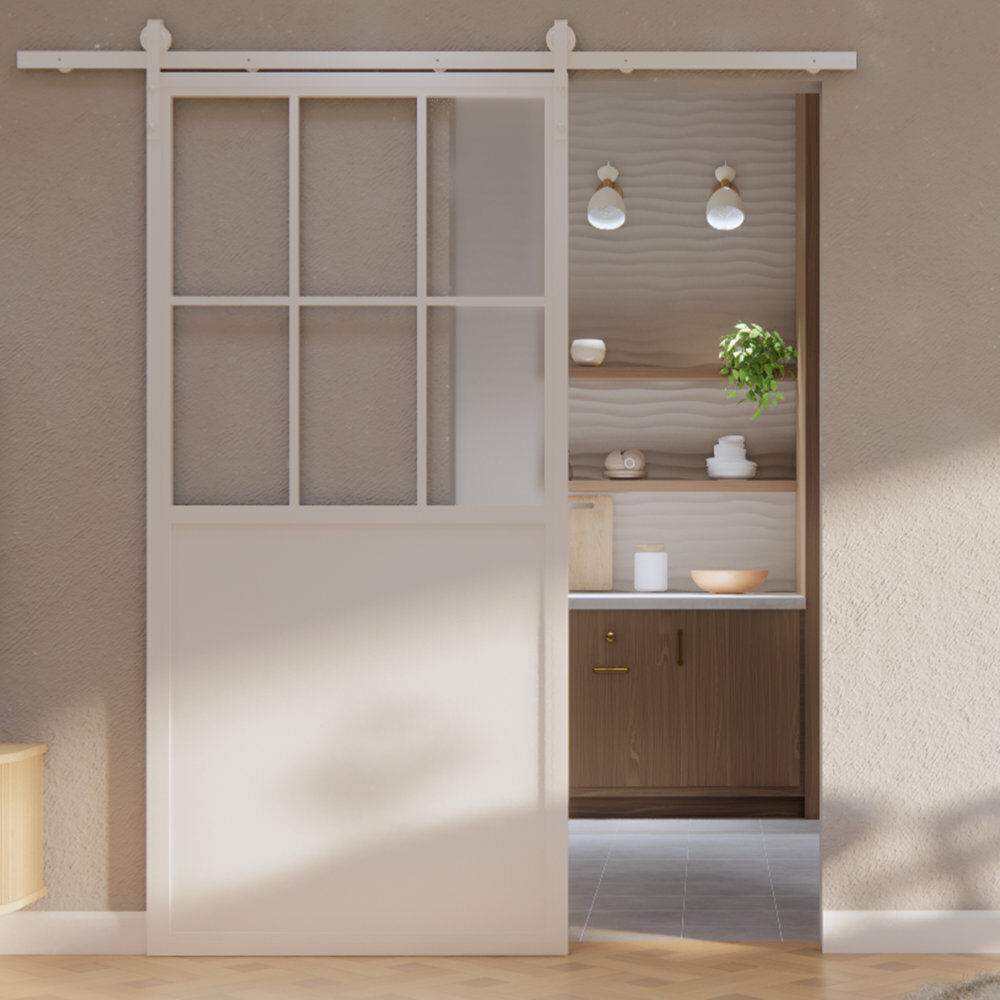 Seart Group Metal Sliding With Frosted Glass Barn Door White 100cm W X 210cm H