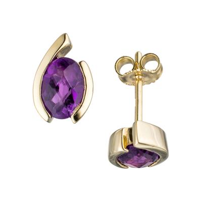 Paar Ohrstecker JOBO, gold (gelbgold 333), Ohrringe, Damen, Gelbgold 333, oval 333 Gold mit Amethyst