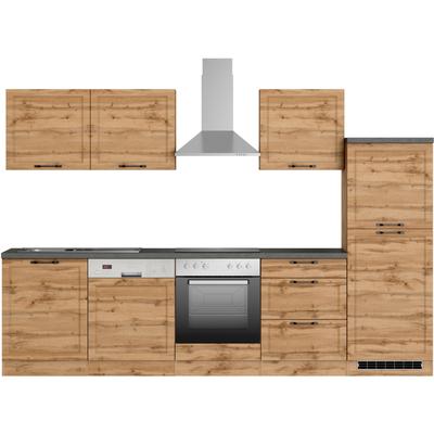 Küchenzeile KOCHSTATION "KS-Lani, mit MDF-Fronten", beige (küche: natur, front: wotaneiche, korpus: wotaneiche, arbeitsplatte: betongrau), B:300cm T:60cm, Komplettküchen-Sets, Küchenzeile, Breite 300 cm, wahlweise mit E-Geräten, Höhen-Ausgleichsfüße...