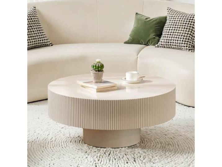 DAXUESEH Runder Couchtisch in Trommelform Mit Geriffelter Optik Moderner, runder Couchtisch mit stabilem Sockel Runder Beistelltisch aus Holz Geeignet für Wohnzimmer und Empfangsbereiche