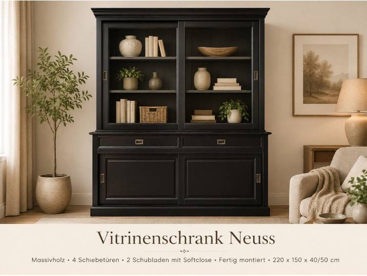 Wohnpalast Vitrine Landhaus Vitrinenschrank Neuss 150 cm Schwarz Buffetschrank