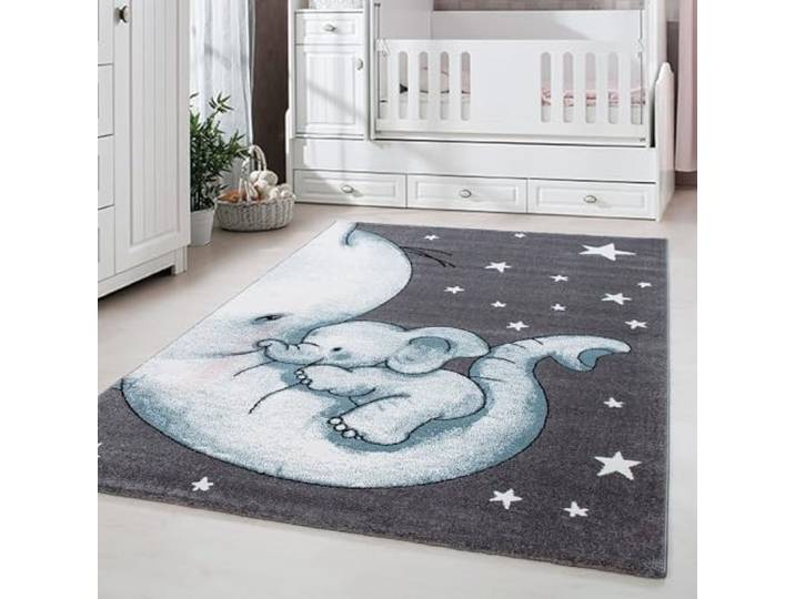 Carpetsale24 Kinderteppich Elefantenfreunde Blau 200x290 cm – XXL Spielteppich – Weiche Oberfläche & Sanftes Farbkonzept