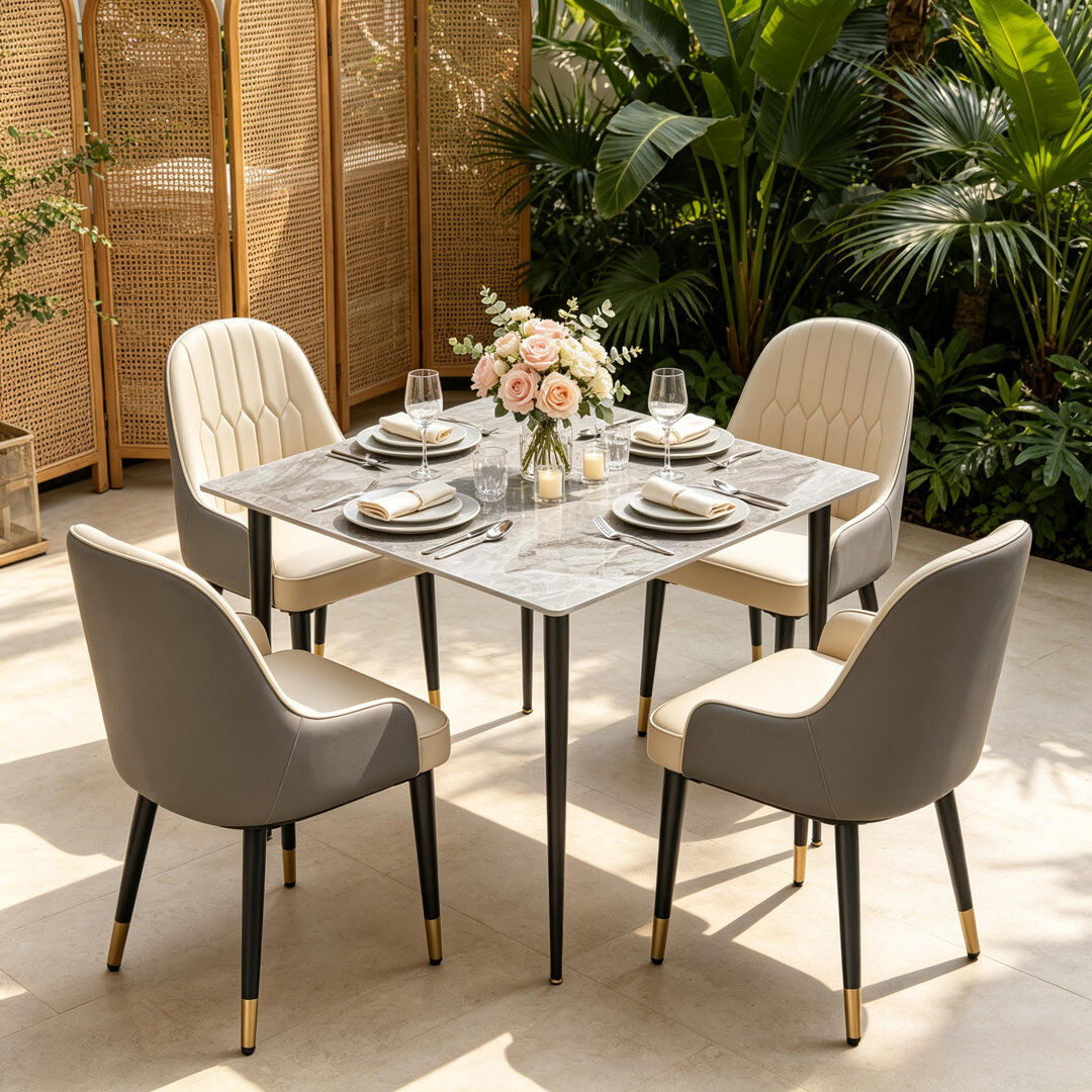 George Oliver 4 -Person Marble Dining Set Grey/Light Khaki/Grey