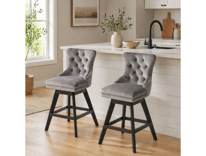 Tabourets de bar pivotants - ZEVKOR - Wing Back - Pivot 360° - Capitonné - Velours gris