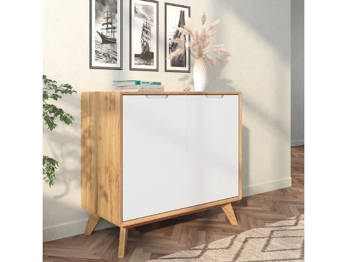 Commode Hanyao 80 x 75 x 40cm Blanc/Marron/Blanc/Imitation chêne
