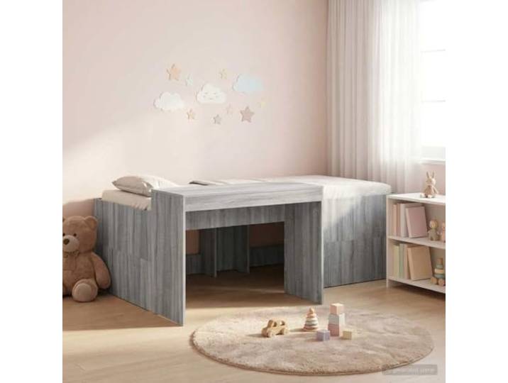 RJPLMFV Hochbett, Holz, Grau, 90 x 200 cm, mit integriertem Schreibtisch Holz, feste Latten, modernes Design, einfache Montage, ohne Matratze