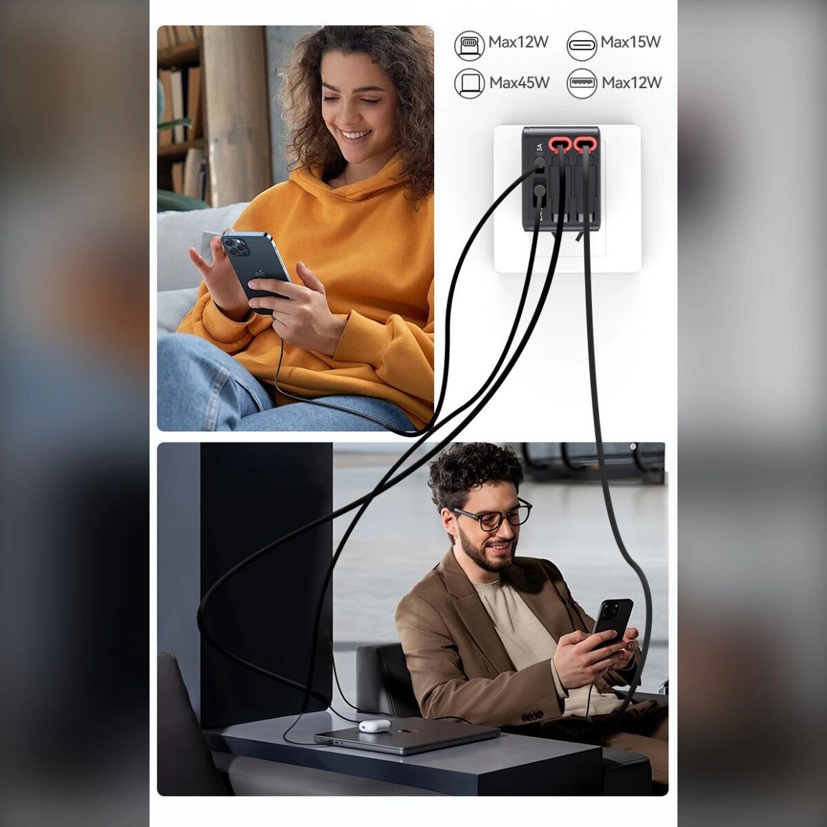 INF 45-w-Ladegerät mit vier Anschlüssen, 65-cm-Einziehkabel und klappbarem EU-Stecker für Smartphones, Laptops und Digitalgeräte Schwarz